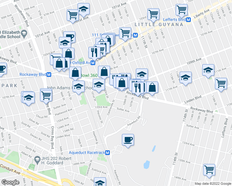 map of restaurants, bars, coffee shops, grocery stores, and more near 103-32 Plattwood Avenue in Queens