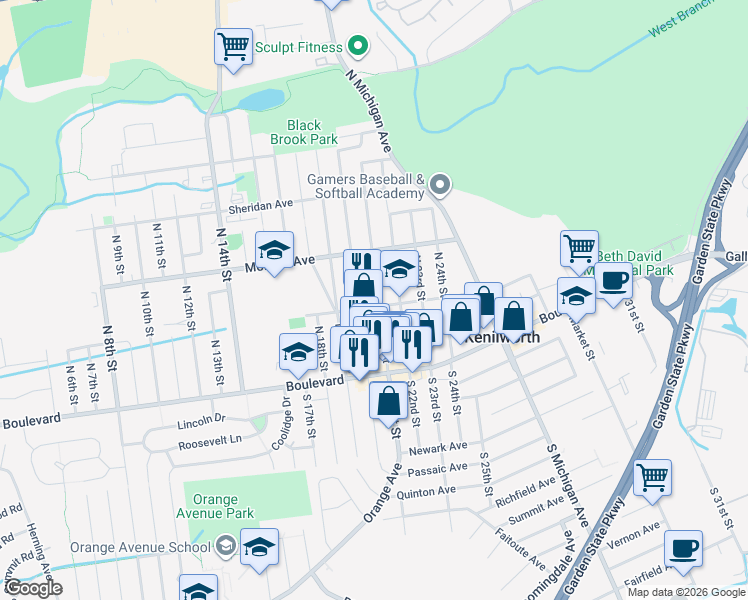 map of restaurants, bars, coffee shops, grocery stores, and more near 514 Washington Avenue in Kenilworth