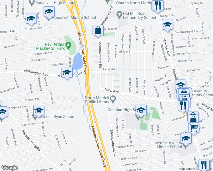 map of restaurants, bars, coffee shops, grocery stores, and more near 16 Northridge Avenue in North Merrick
