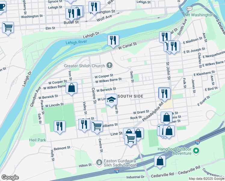 map of restaurants, bars, coffee shops, grocery stores, and more near 506 West Berwick Street in Easton
