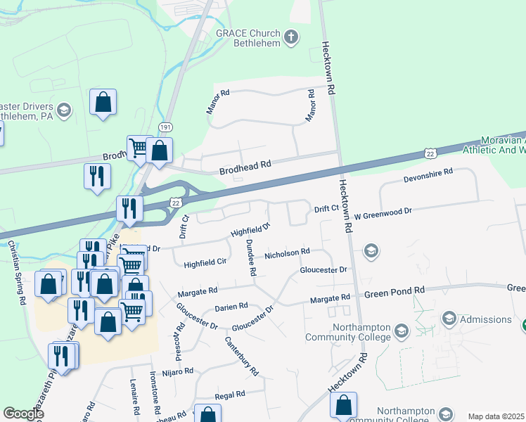 map of restaurants, bars, coffee shops, grocery stores, and more near 1107 Highfield Drive in Bethlehem