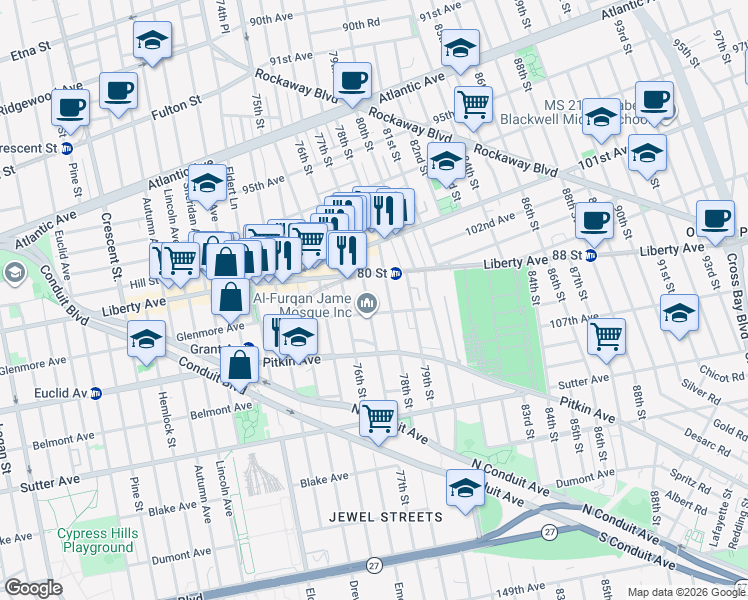 map of restaurants, bars, coffee shops, grocery stores, and more near 105-27 77th Street in Queens