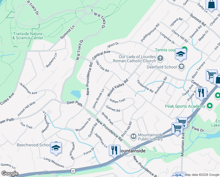 map of restaurants, bars, coffee shops, grocery stores, and more near 1350 Wood Valley Road in Mountainside