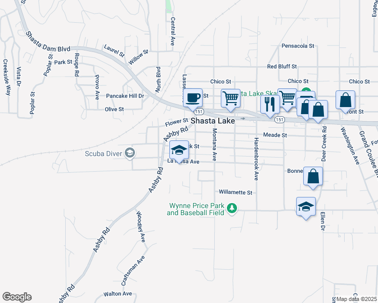 map of restaurants, bars, coffee shops, grocery stores, and more near 4072 Fort Peck Street in Shasta Lake