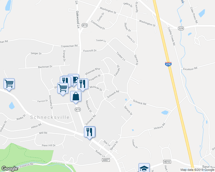map of restaurants, bars, coffee shops, grocery stores, and more near 5224 Shawnee Boulevard in Schnecksville