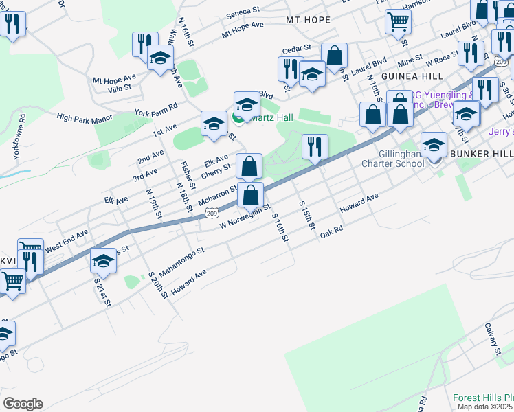 map of restaurants, bars, coffee shops, grocery stores, and more near 1620 W Norwegian St in Pottsville