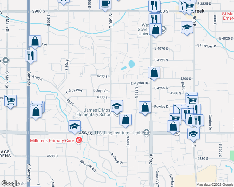 map of restaurants, bars, coffee shops, grocery stores, and more near 4284 South Normandie Lane in Millcreek