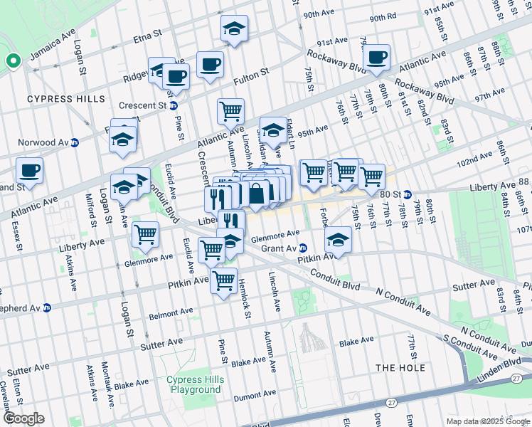 map of restaurants, bars, coffee shops, grocery stores, and more near 1130 Liberty Avenue in Brooklyn