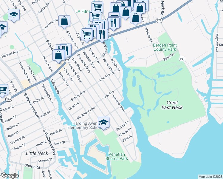 map of restaurants, bars, coffee shops, grocery stores, and more near 228 Venetian Boulevard in Lindenhurst