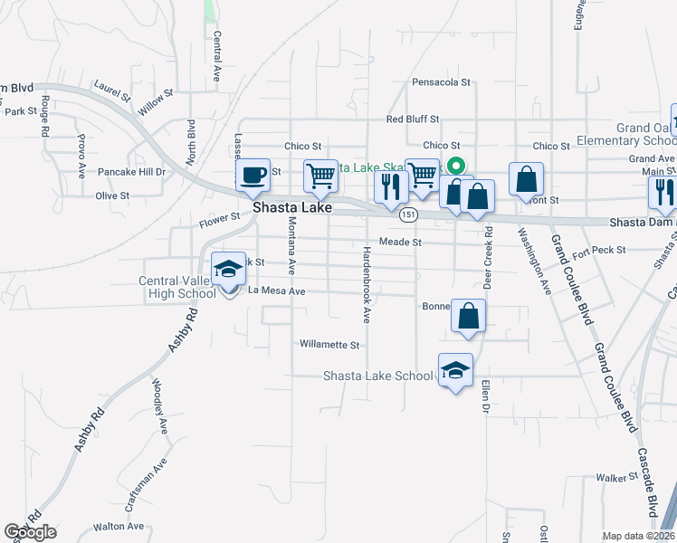 map of restaurants, bars, coffee shops, grocery stores, and more near 4316 Fort Peck Street in Shasta Lake