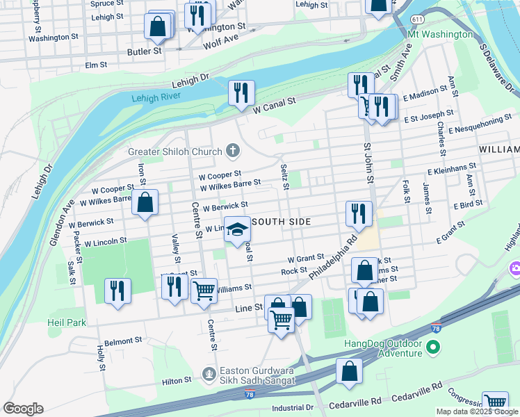 map of restaurants, bars, coffee shops, grocery stores, and more near 464 West Berwick Street in Easton