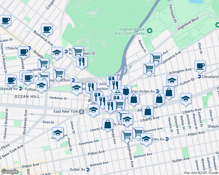 map of restaurants, bars, coffee shops, grocery stores, and more near 51 Fanchon Place in Brooklyn