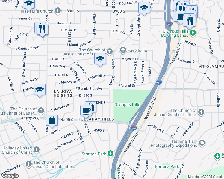 map of restaurants, bars, coffee shops, grocery stores, and more near 4283 South 3080 East in Salt Lake City