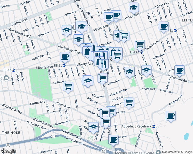 map of restaurants, bars, coffee shops, grocery stores, and more near 10703 93rd Street in Queens