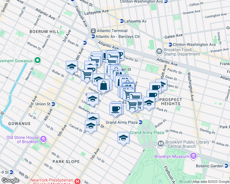 map of restaurants, bars, coffee shops, grocery stores, and more near 115 Park Place in Brooklyn