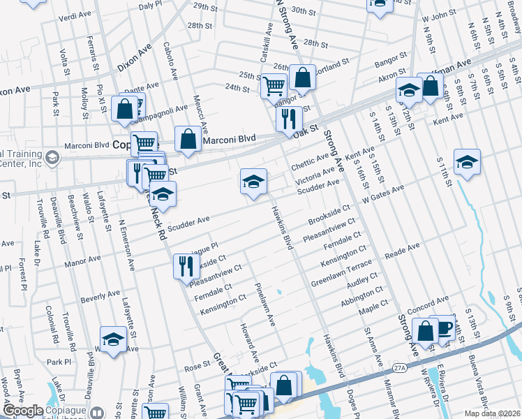 map of restaurants, bars, coffee shops, grocery stores, and more near 384 Scudder Avenue in Copiague