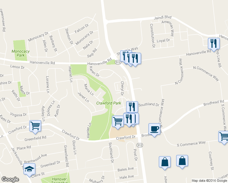 map of restaurants, bars, coffee shops, grocery stores, and more near 4707 Cheryl Drive in Bethlehem