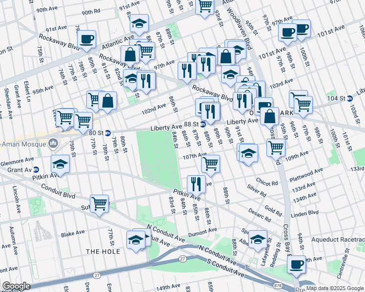 map of restaurants, bars, coffee shops, grocery stores, and more near 13 106th Avenue in Queens