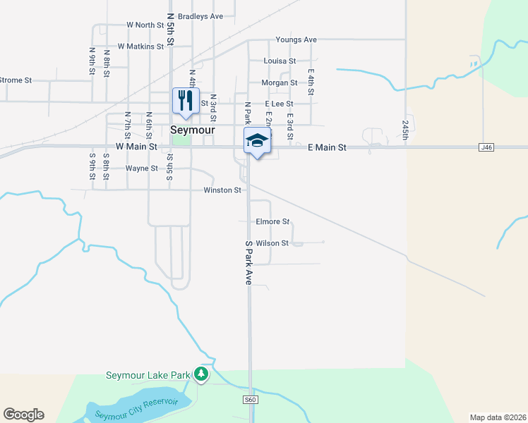 map of restaurants, bars, coffee shops, grocery stores, and more near 100-349 Lowery Street in Seymour