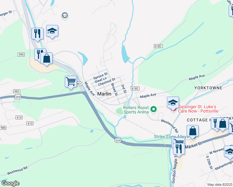 map of restaurants, bars, coffee shops, grocery stores, and more near 401 Walnut Street in Lehighton