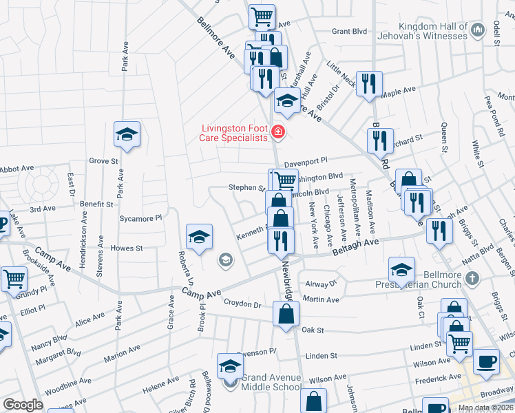map of restaurants, bars, coffee shops, grocery stores, and more near 204 Stephen Street in North Bellmore