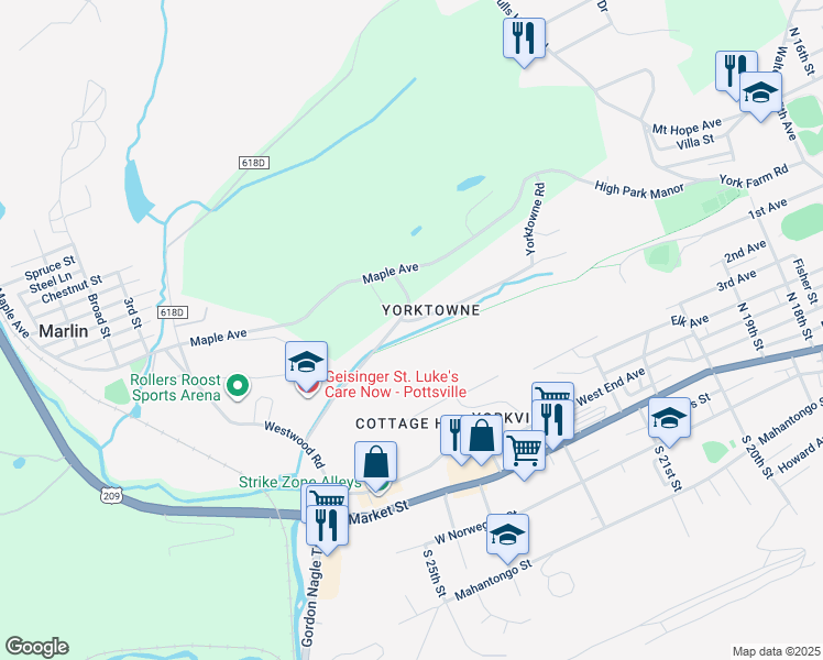 map of restaurants, bars, coffee shops, grocery stores, and more near 2169 Woodglen Road in Pottsville