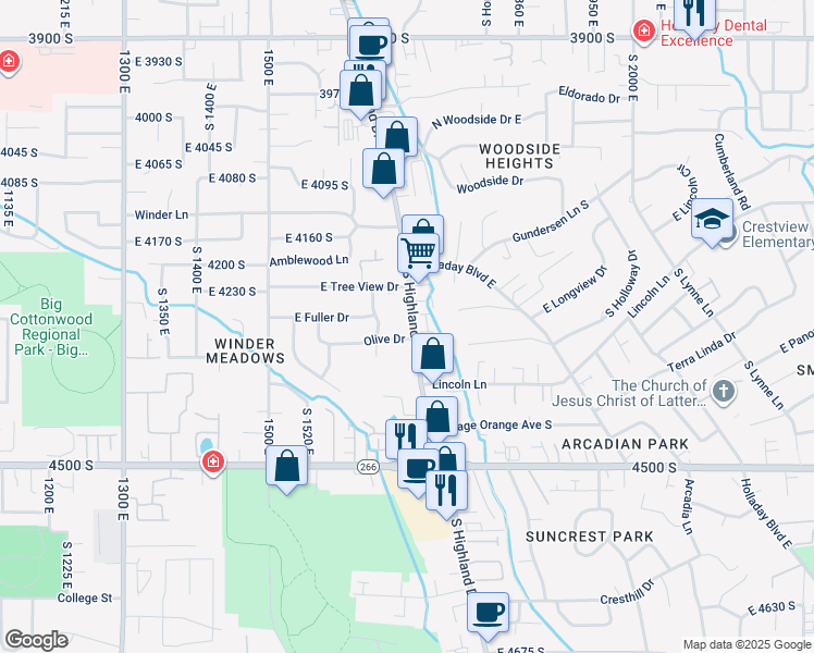 map of restaurants, bars, coffee shops, grocery stores, and more near 4276 Highland Drive in Millcreek