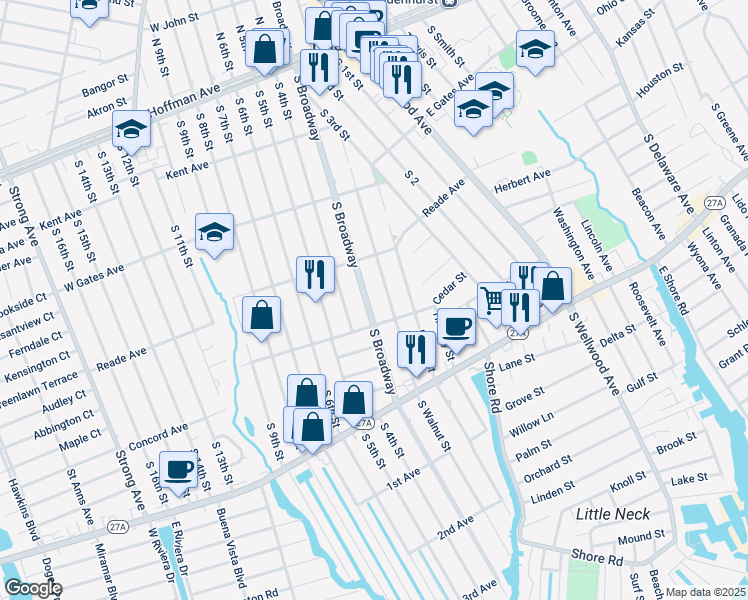 map of restaurants, bars, coffee shops, grocery stores, and more near 466 South Broadway in Lindenhurst