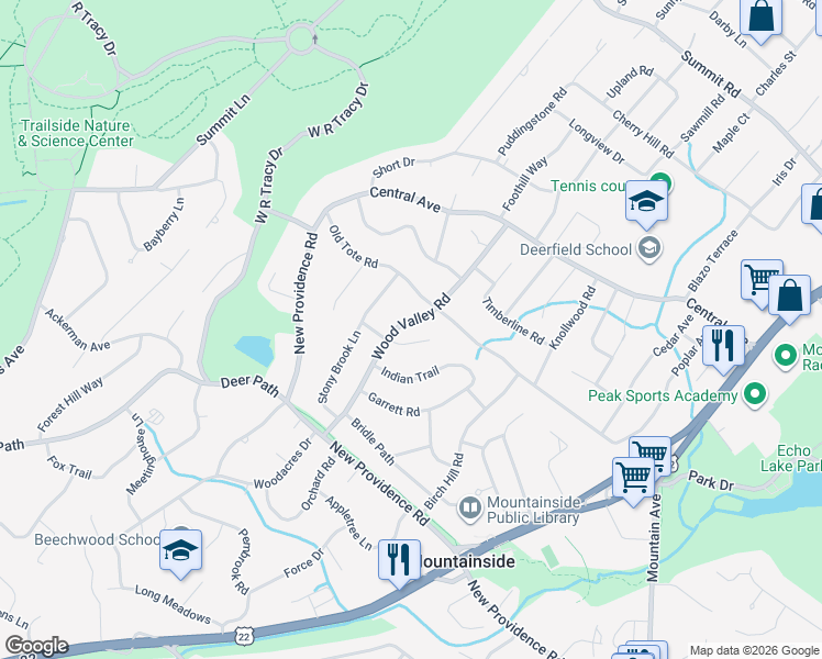 map of restaurants, bars, coffee shops, grocery stores, and more near 1331 Wood Valley Rd in Mountainside