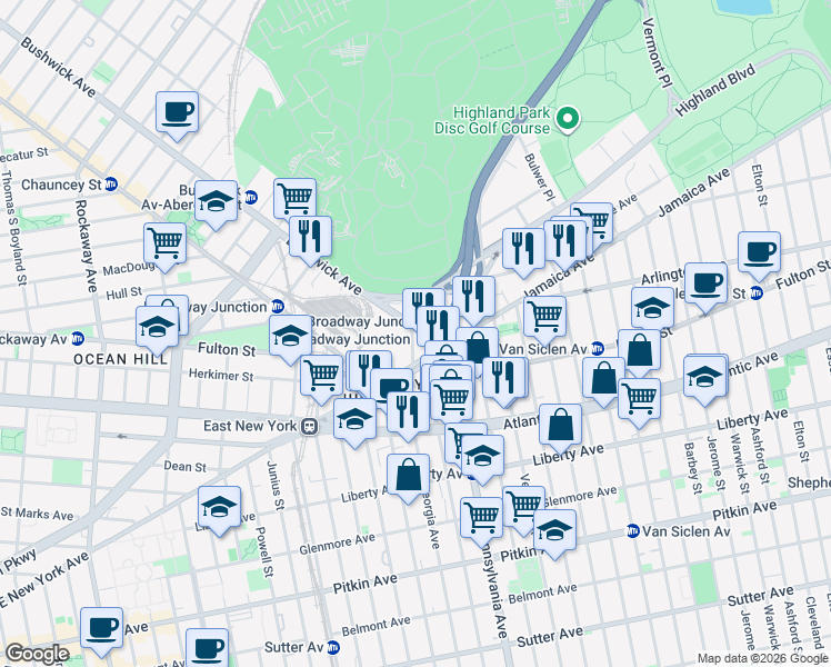 map of restaurants, bars, coffee shops, grocery stores, and more near 51 Fanchon Place in Brooklyn