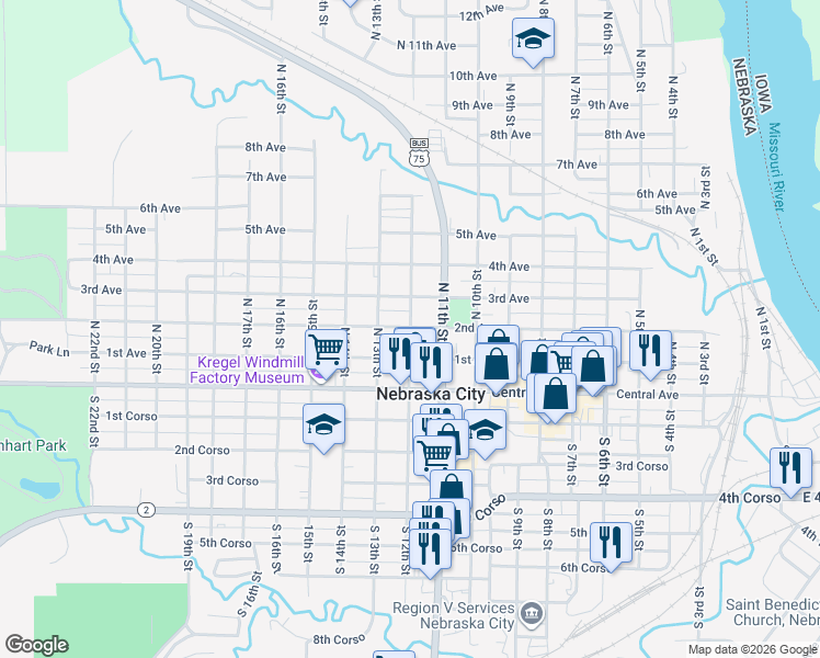 map of restaurants, bars, coffee shops, grocery stores, and more near 215 North 12th Street in Nebraska City