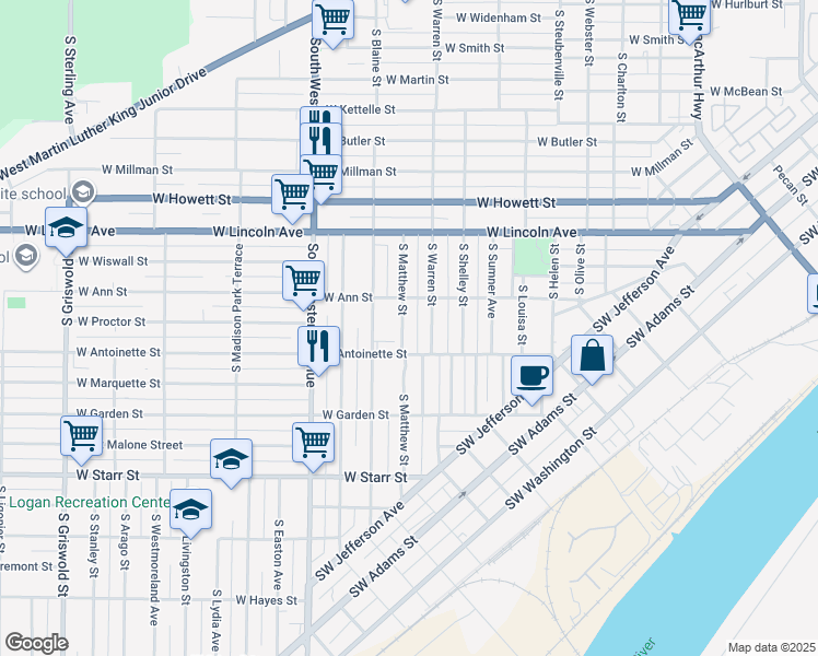 map of restaurants, bars, coffee shops, grocery stores, and more near 918 South Matthew Street in Peoria