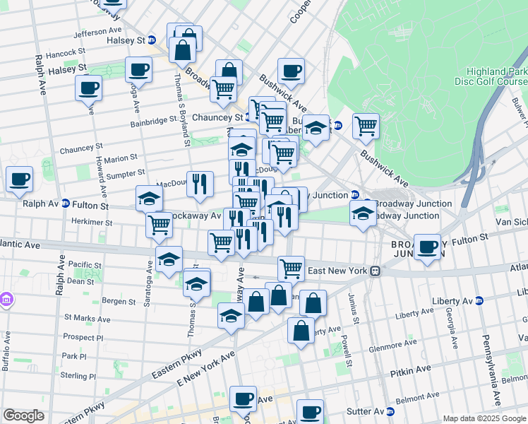 map of restaurants, bars, coffee shops, grocery stores, and more near 2083 Fulton Street in Brooklyn