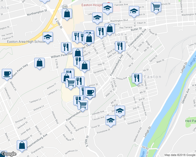 map of restaurants, bars, coffee shops, grocery stores, and more near 814 Balata Street in Easton