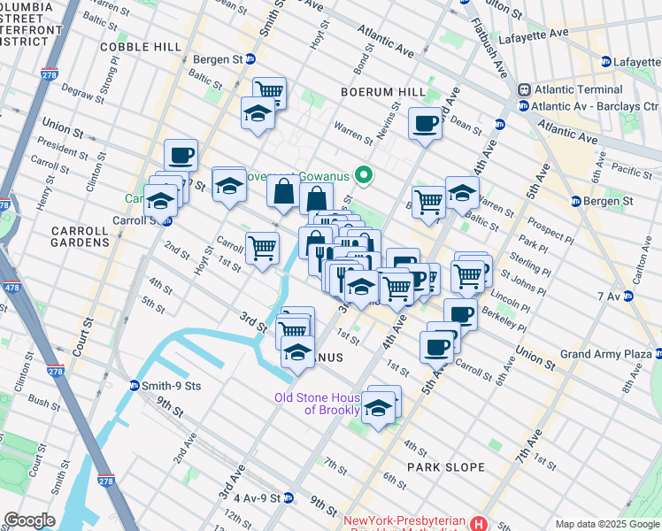 map of restaurants, bars, coffee shops, grocery stores, and more near 469 President Street in Brooklyn