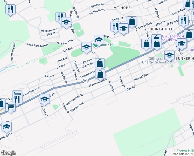 map of restaurants, bars, coffee shops, grocery stores, and more near 1643 W Market St in Pottsville