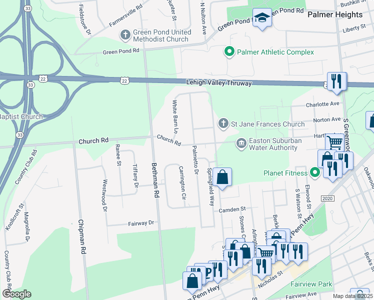 map of restaurants, bars, coffee shops, grocery stores, and more near 331 Palmetto Drive in Easton