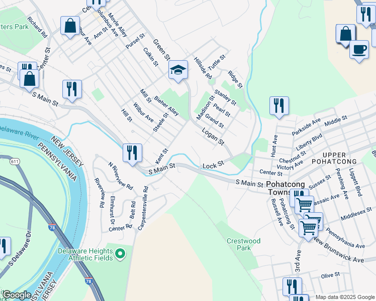map of restaurants, bars, coffee shops, grocery stores, and more near 106 Arrow Head Court in Phillipsburg