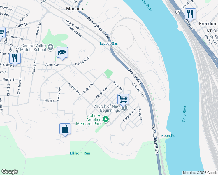 map of restaurants, bars, coffee shops, grocery stores, and more near 821 Childs Avenue in Monaca