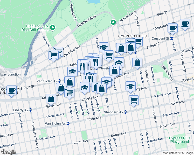 map of restaurants, bars, coffee shops, grocery stores, and more near 270 Cleveland Street in Brooklyn