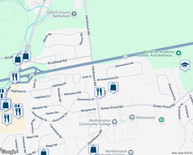 map of restaurants, bars, coffee shops, grocery stores, and more near 3705 West Greenwood Drive in Bethlehem