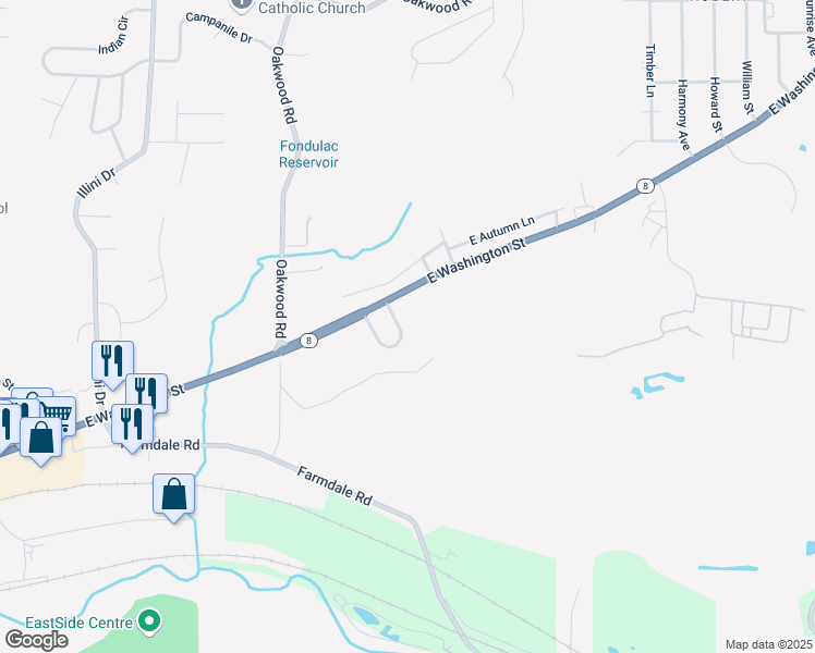 map of restaurants, bars, coffee shops, grocery stores, and more near 108 Donald Court in East Peoria