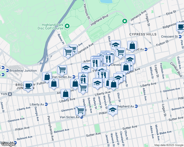 map of restaurants, bars, coffee shops, grocery stores, and more near 2876 Fulton St in Brooklyn
