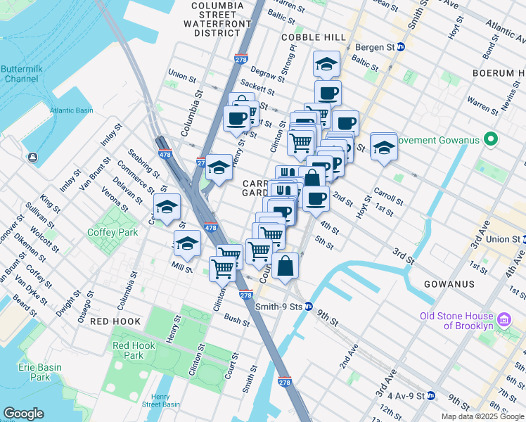 map of restaurants, bars, coffee shops, grocery stores, and more near 65 4th Place in Brooklyn