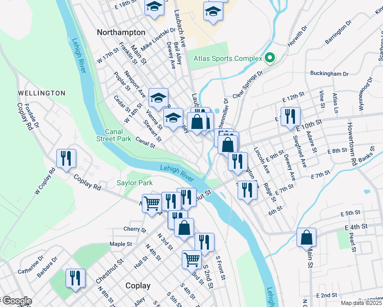 map of restaurants, bars, coffee shops, grocery stores, and more near 1224 Newport Avenue in Northampton