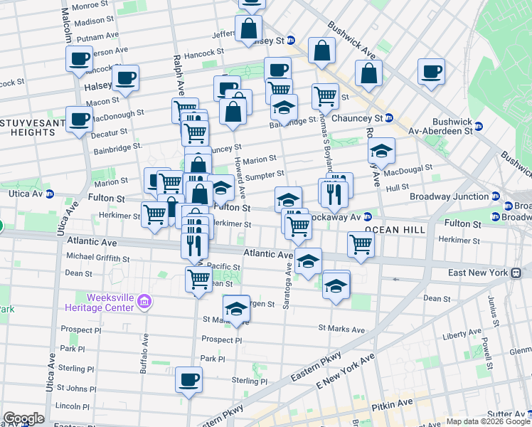 map of restaurants, bars, coffee shops, grocery stores, and more near 1994 Fulton Street in Brooklyn