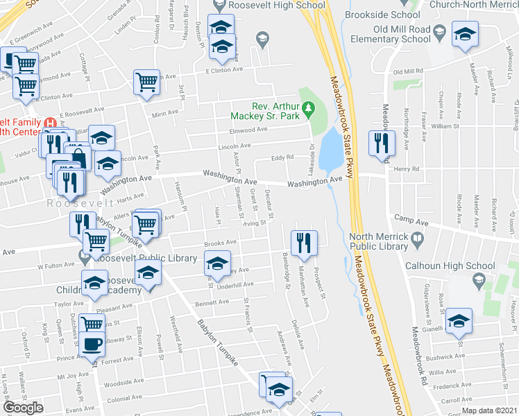 map of restaurants, bars, coffee shops, grocery stores, and more near 52 Grant Street in Roosevelt