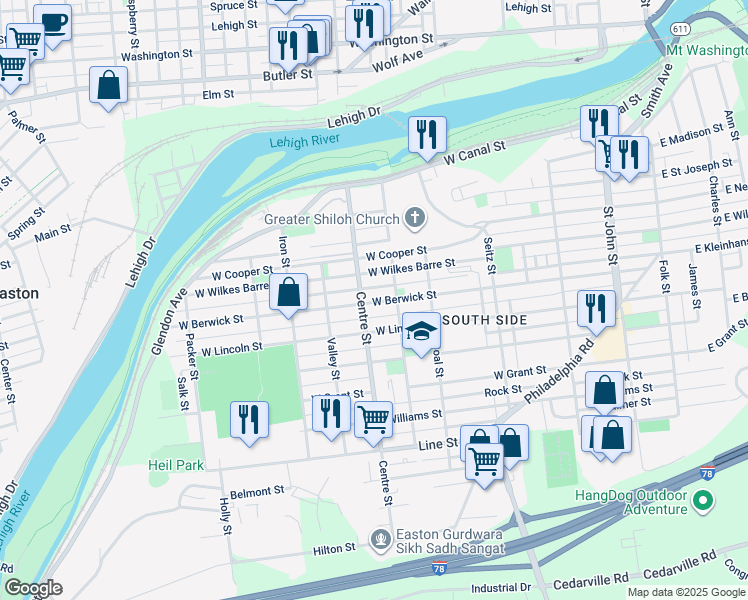 map of restaurants, bars, coffee shops, grocery stores, and more near 633 West Berwick Street in Easton