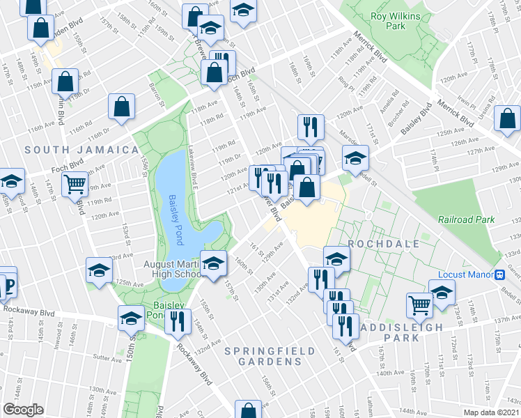 map of restaurants, bars, coffee shops, grocery stores, and more near 122-21 161st Place in Queens