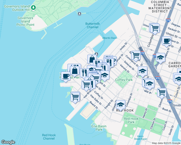 map of restaurants, bars, coffee shops, grocery stores, and more near 146 Wolcott Street in Brooklyn